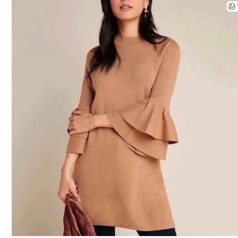 Anthropologie Claudette Ruffled Sleeve Mini
Sweater Dress Camel Brown sz M - Picture 1 of 16